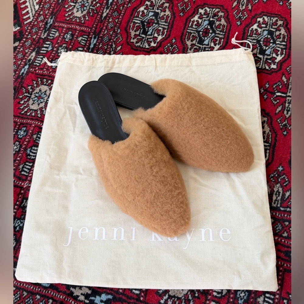 NEW Jenni Kayne Shearling Mule Slip On Flat Shoes Brown Black Leather Slides